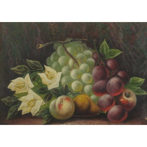 870 - Still life flowers and fruit, Edwardian oil on canvas, mounted and framed, 33cm x 23cm