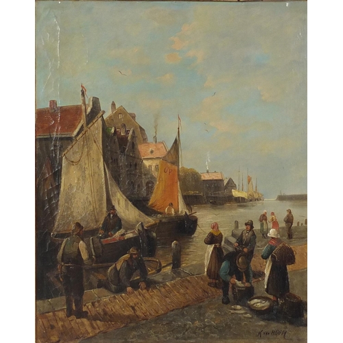 919 - Kirk Van Hoom - Dutch harbour with fishing boats and fishermen, 19th century oil on canvas, framed, ... 