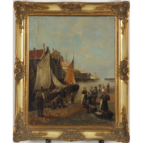 919 - Kirk Van Hoom - Dutch harbour with fishing boats and fishermen, 19th century oil on canvas, framed, ... 