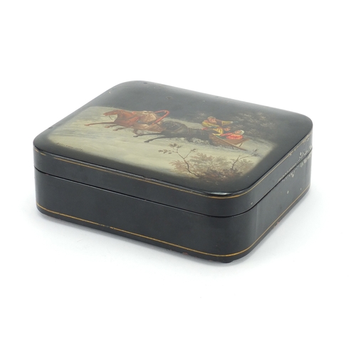18A - Russian black lacquered box by Fedoskino, the hinged lid hand painted with figures in a sleigh, 6cm ... 