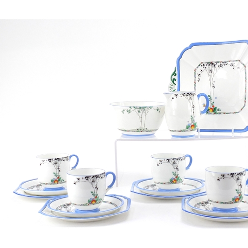 466 - Shelley Canterbury six place tea service, hand painted with tall trees including a sandwich plate