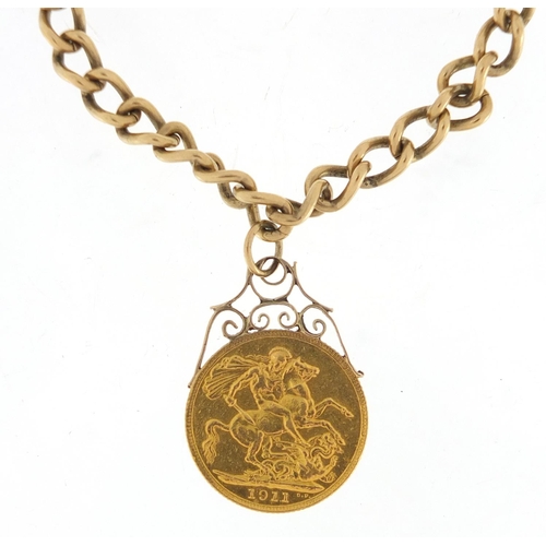2635 - George V 1911 gold sovereign mounted on a 9ct gold bracelet, approximate weight 23.7g