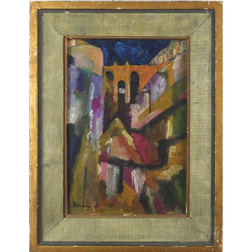 729 - Abstract composition, stylised landscape, oil on board, bearing a signature Bomberg and London Galle... 