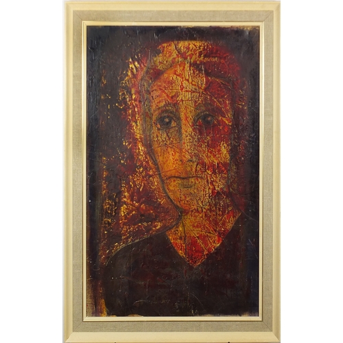847 - Head and shoulders portrait of a female, oil on newspaper laid on board, bearing an inscription vers... 