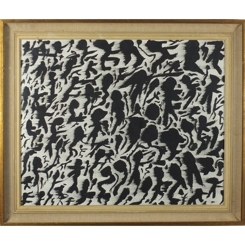 884 - Abstract composition, black shapes, ink and oil, bearing a monogram HM, framed, 50cm x 40.5cm