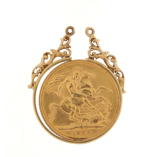 2637 - 1958 gold sovereign, with 9ct gold pendant mount, approximate weight 9.6g