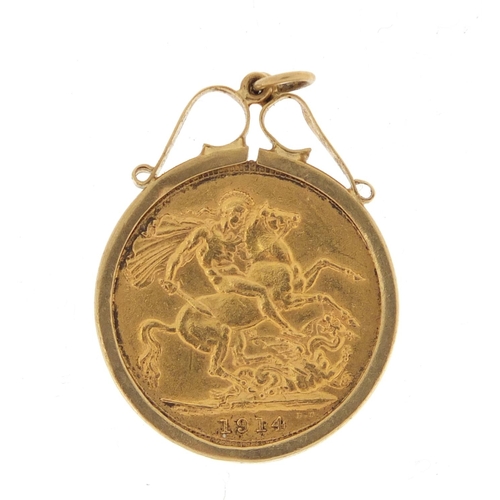 2636 - George V 1914 gold sovereign with 9ct gold pendant mount, approximate weight 9.3g