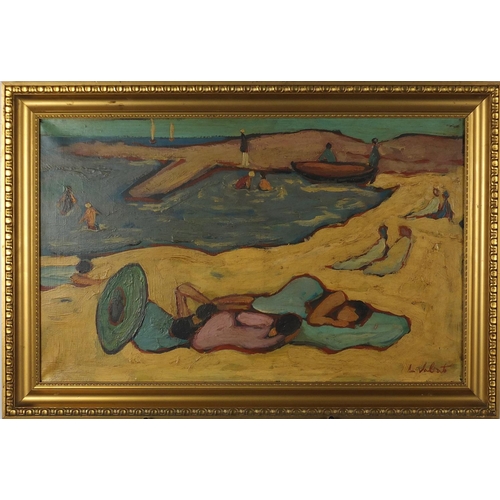 2062A - Continental beach scene, post impressionist oil on canvas, bearing an indistinct signature possibly ... 