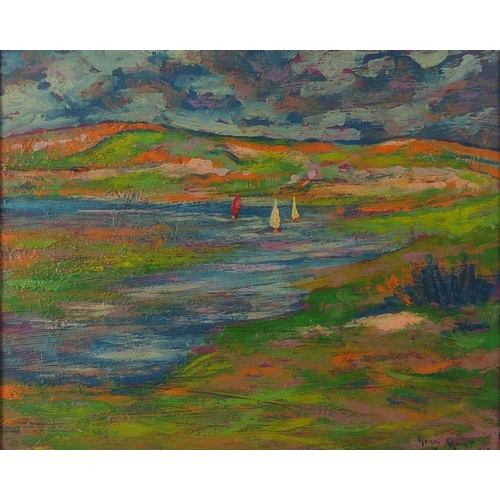 2149A - River landscape, post impressionist oil on wood panel,  bearing a signature Henry Moret, framed, 38.... 