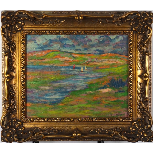2149A - River landscape, post impressionist oil on wood panel,  bearing a signature Henry Moret, framed, 38.... 