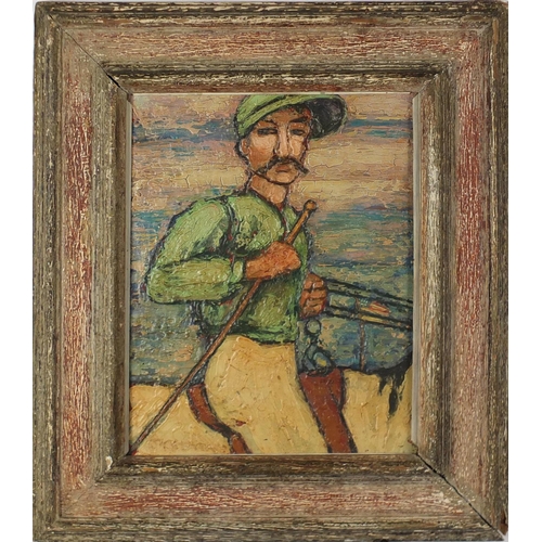 2183A - Manner of Jack Yates - Jockey on horseback, oil on canvas, framed, 38cm x 29cm