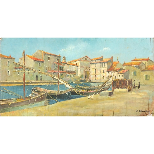 2371 - Continental harbour with moored boats, oil on board, bearing a signature E Obelehec, unframed, 101cm... 