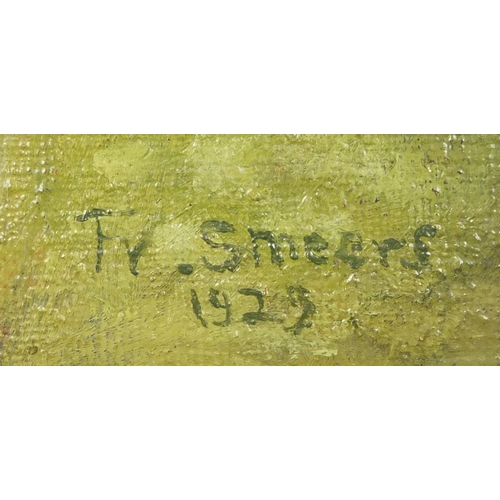 2155 - Head and shoulders portrait of a young female, oil on canvas, bearing a signature Smeers, unframed, ... 