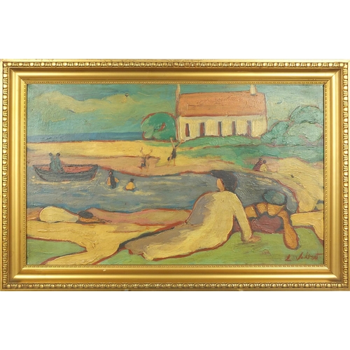 2220 - Continental beach scene, post impressionist oil on canvas, bearing an indistinct signature possibly ... 