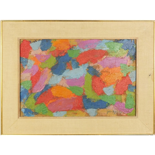 2182 - Abstract composition, oil on board,  bearing a signature Gillian Ayres, mounted and framed, 54.5cm x... 