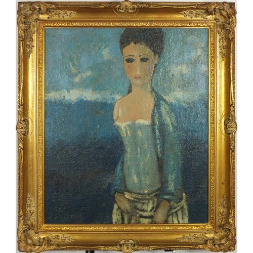 2058 - Surreal portrait of a standing female, oil on board, bearing a signature D'O-Neill, framed, 54.5cm x... 