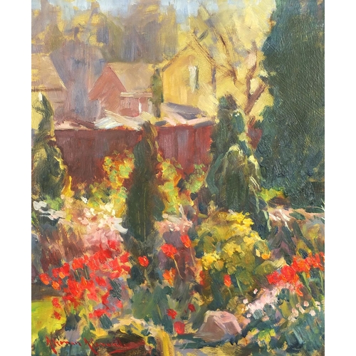 2372 - Garden scene, oil on board, bearing an indistinct signature and inscription Altman Alexander verso, ... 