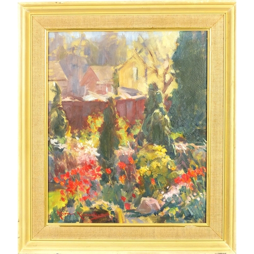 2372 - Garden scene, oil on board, bearing an indistinct signature and inscription Altman Alexander verso, ... 