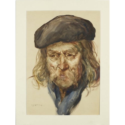 2273 - Portrait of an old man, watercolour on card, bearing a signature Keating, mounted unframed, 33.5cm x... 