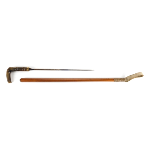 84 - 19th century horn handled Malacca riding crop sword stick, with steel steel blade and gilt metal mou... 