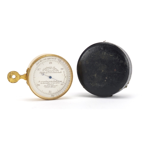 34 - 19th century gilt brass Hutchinson surveying aneroid pocket barometer, with fitted leather case, 5cm... 