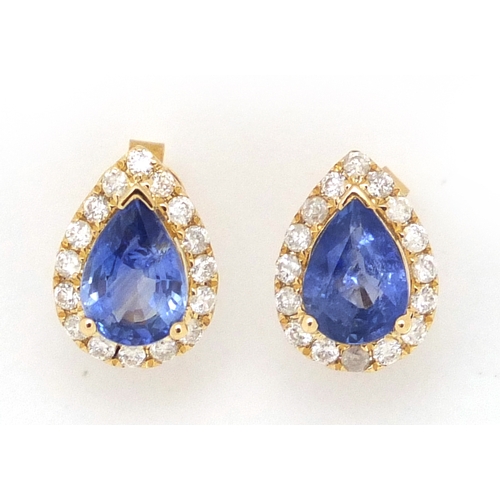 587 - Pair of 14ct gold sapphire and diamond tear drop earrings, 1cm in length, approximate weight 1.6g