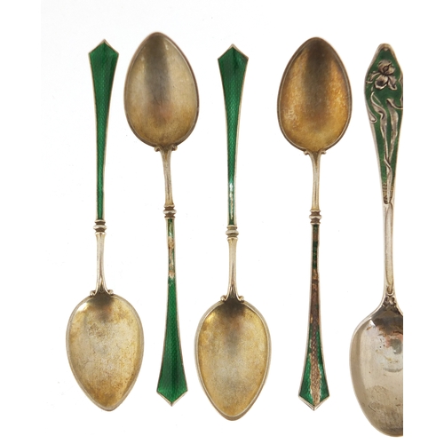 571 - Seven silver and enamel teaspoons including Marius Hammer and P Hertz and a set of four, various hal... 