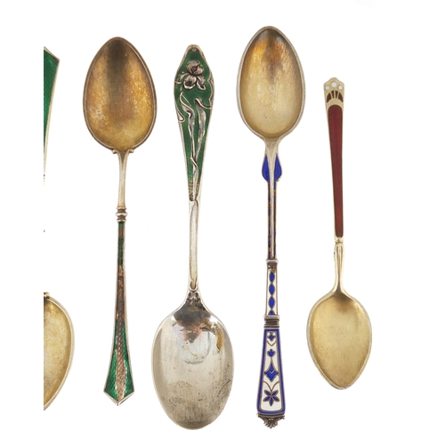 571 - Seven silver and enamel teaspoons including Marius Hammer and P Hertz and a set of four, various hal... 