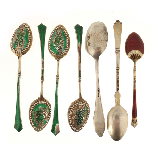 571 - Seven silver and enamel teaspoons including Marius Hammer and P Hertz and a set of four, various hal... 