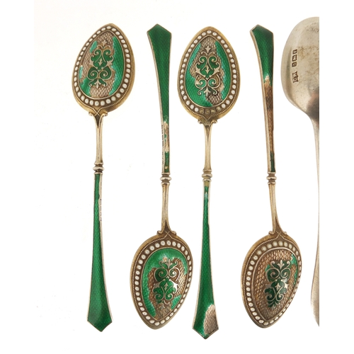 571 - Seven silver and enamel teaspoons including Marius Hammer and P Hertz and a set of four, various hal... 