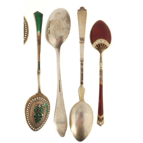 571 - Seven silver and enamel teaspoons including Marius Hammer and P Hertz and a set of four, various hal... 