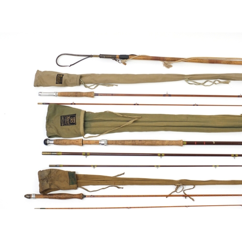 101 - Five vintage fly fishing rods, landing net and gaff, including Hardy Jet #9, The scottie and other s... 