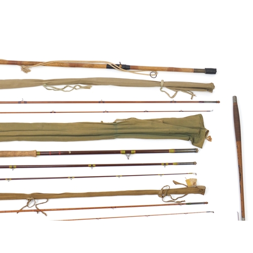 101 - Five vintage fly fishing rods, landing net and gaff, including Hardy Jet #9, The scottie and other s... 