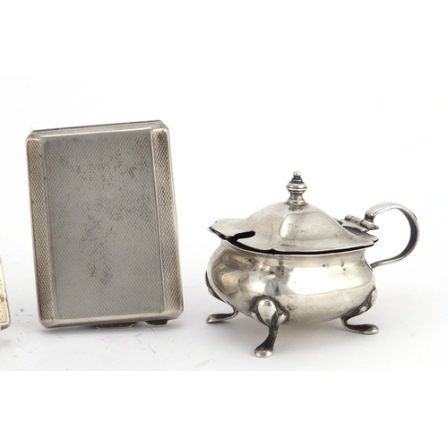 2538 - Rectangular silver vesta, matchbox case and mustard, various hallmarks, the largest 8.5cm wide, appr... 