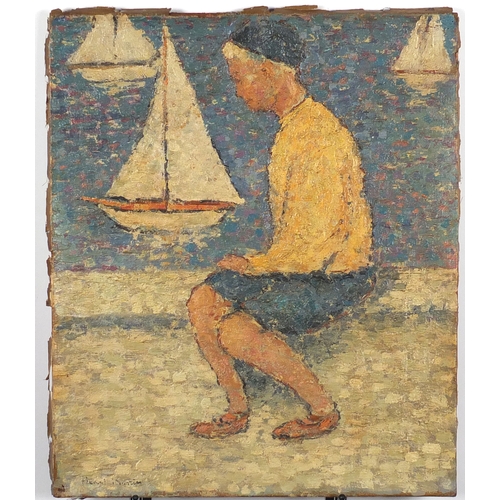 727 - Boy seated with a toy boat, post impressionist oil on canvas, bearing an indistinct signature possib... 