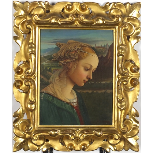 740 - Portrait of a young female before a landscape, oil on canvas, bearing a signature and inscription ve... 