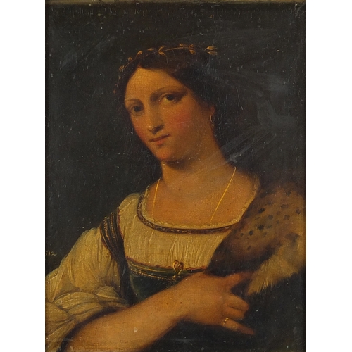743 - Manner of Sebastiano Del Piombo - Top half portrait of a young Roman woman, antique oil on wood pane... 