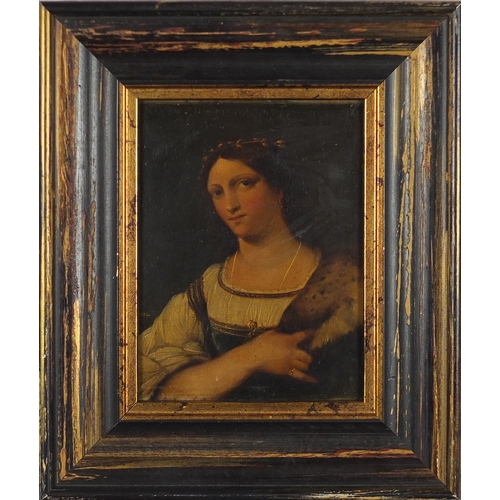 743 - Manner of Sebastiano Del Piombo - Top half portrait of a young Roman woman, antique oil on wood pane... 