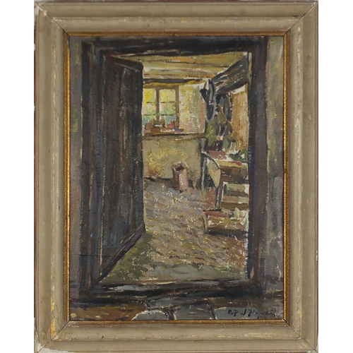 744 - Interior scene, oil on board, bearing a signature, W Hayward, framed, 43.5cm x 32.5cm