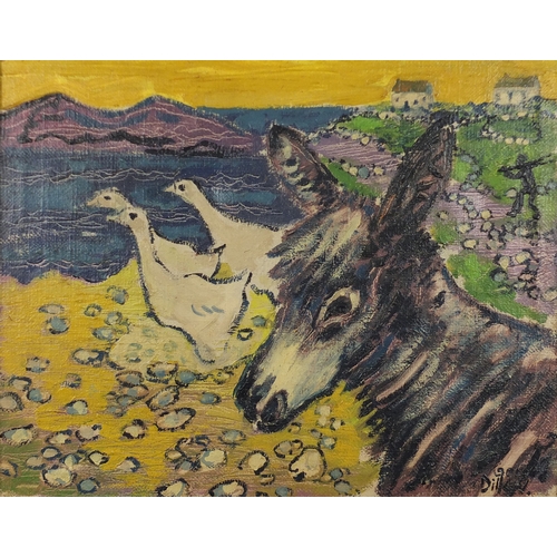 843 - Manner of Gerard Dillon - Geese and donkey by water, oil on canvas, framed, 49cm x 39cm