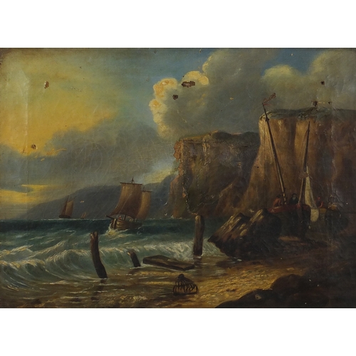 747A - Attributed to James Webb - Off shore in a stiff breeze, 19th century oil on canvas, framed, 55cm x 3... 