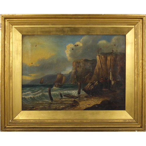 747A - Attributed to James Webb - Off shore in a stiff breeze, 19th century oil on canvas, framed, 55cm x 3... 