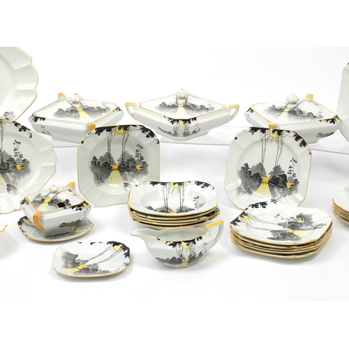 465A - Shelley Queen Anne dinnerware, hand painted in the Tall Trees pattern, including three lidded tureen... 