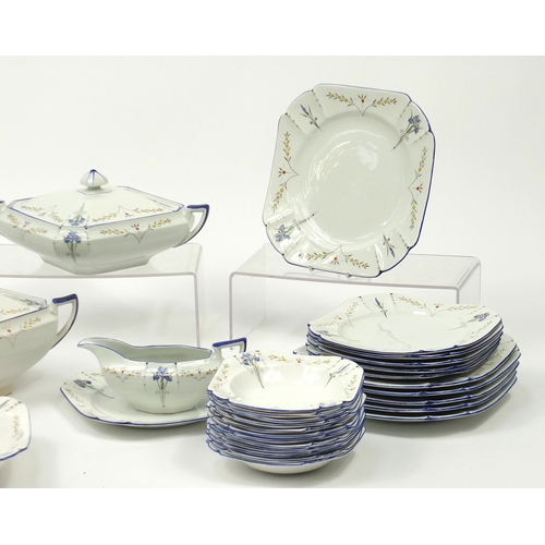 465B - Shelley Queen Anne dinnerware, hand painted in the Blue Iris pattern,  including three lidded tureen... 