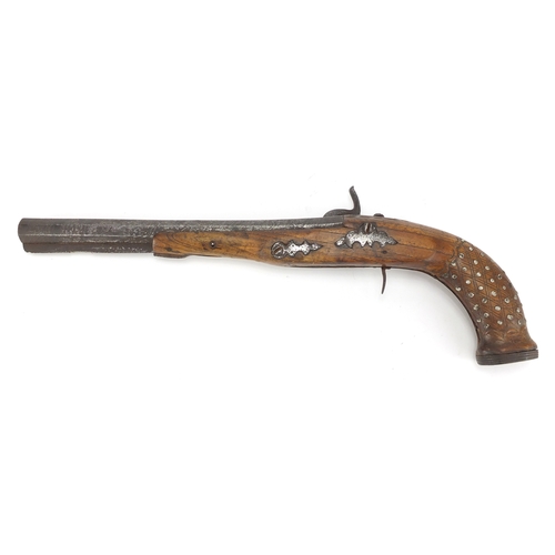 169 - Early 19th century walnut percussion cap pistol, 42cm in length