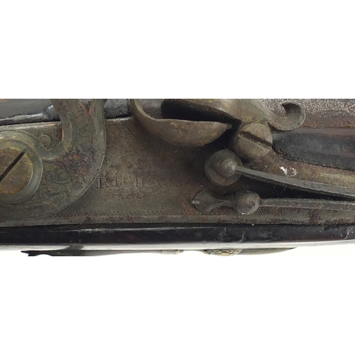 170 - 19th century walnut flintlock pistol with brass mounts, the lock engraved Richards, with impressed p... 