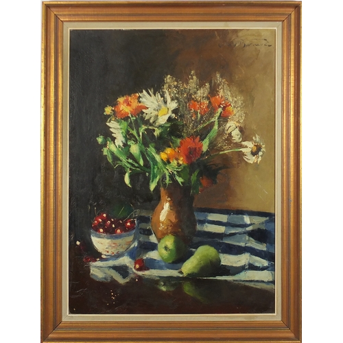 860 - Still life flowers in a vase, oil on board, bearing an indistinct signature to the top right, mounte... 