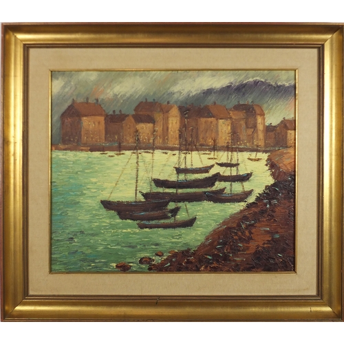 890 - Boats in a harbour before buildings, Italian school oil on canvas, mounted and framed, 58cm x 48cm