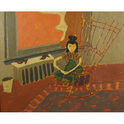 918 - After Milton Avery - Surreal interior scene with a girl on a rocking chair, oil on board, framed, 58... 