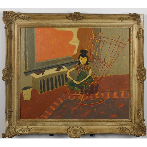 918 - After Milton Avery - Surreal interior scene with a girl on a rocking chair, oil on board, framed, 58... 